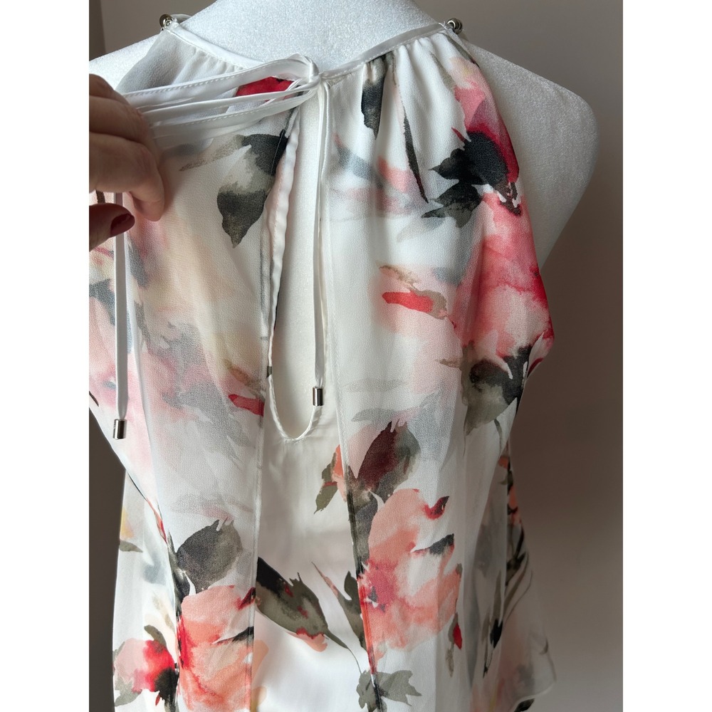 White House Black Market Floral Halter Top XS White Pink Watercolor Chiffon - Picture 7 of 9